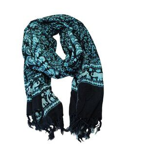 Bagus Scarf Or Throw Elephant Mandala Print Blanket Black & Teal Fringe Edges